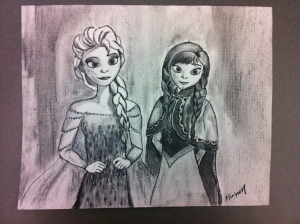 Frozen's Elsa and Anna charcoal drawing